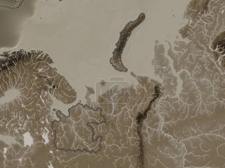 Foto de Arkhangel'sk, region of Russia. Elevation map colored in sepia tones with lakes and rivers - Imagen libre de derechos