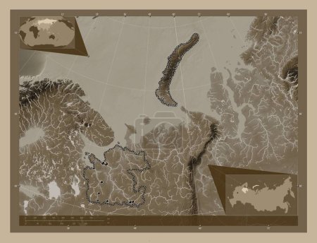 Photo for Arkhangel'sk, region of Russia. Elevation map colored in sepia tones with lakes and rivers. Locations of major cities of the region. Corner auxiliary location maps - Royalty Free Image