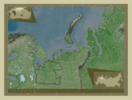 Photo for Arkhangel'sk, region of Russia. Elevation map colored in wiki style with lakes and rivers. Locations of major cities of the region. Corner auxiliary location maps - Royalty Free Image