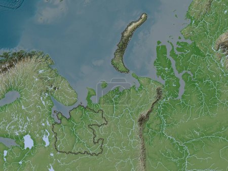 Photo for Arkhangel'sk, region of Russia. Elevation map colored in wiki style with lakes and rivers - Royalty Free Image