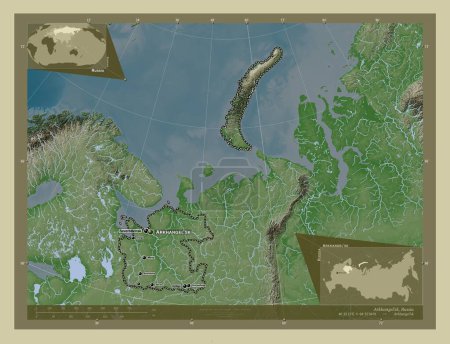 Photo for Arkhangel'sk, region of Russia. Elevation map colored in wiki style with lakes and rivers. Locations and names of major cities of the region. Corner auxiliary location maps - Royalty Free Image