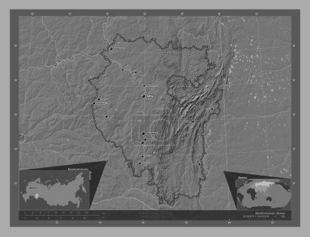 Téléchargez les photos : Bashkortostan, republic of Russia. Bilevel elevation map with lakes and rivers. Locations and names of major cities of the region. Corner auxiliary location maps - en image libre de droit