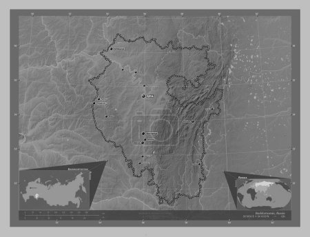 Téléchargez les photos : Bashkortostan, republic of Russia. Grayscale elevation map with lakes and rivers. Locations and names of major cities of the region. Corner auxiliary location maps - en image libre de droit