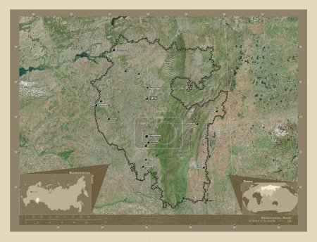 Photo for Bashkortostan, republic of Russia. High resolution satellite map. Locations and names of major cities of the region. Corner auxiliary location maps - Royalty Free Image
