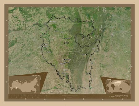 Photo for Bashkortostan, republic of Russia. Low resolution satellite map. Locations and names of major cities of the region. Corner auxiliary location maps - Royalty Free Image