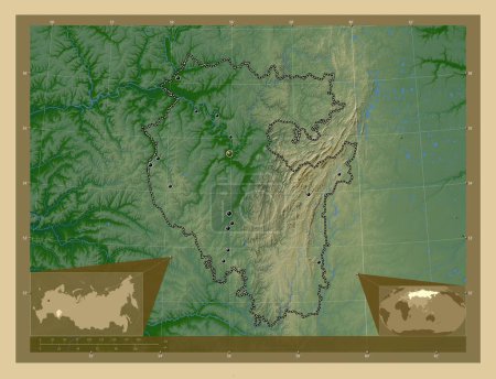 Photo for Bashkortostan, republic of Russia. Colored elevation map with lakes and rivers. Locations of major cities of the region. Corner auxiliary location maps - Royalty Free Image