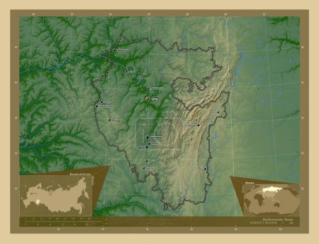 Photo for Bashkortostan, republic of Russia. Colored elevation map with lakes and rivers. Locations and names of major cities of the region. Corner auxiliary location maps - Royalty Free Image