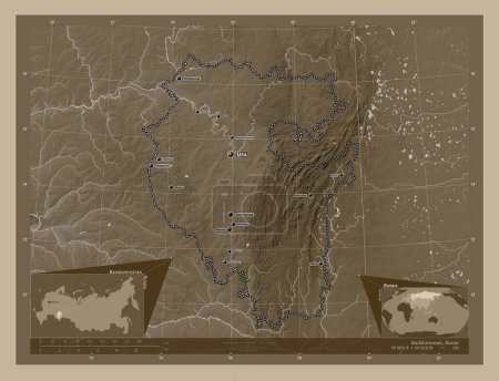 Téléchargez les photos : Bashkortostan, republic of Russia. Elevation map colored in sepia tones with lakes and rivers. Locations and names of major cities of the region. Corner auxiliary location maps - en image libre de droit