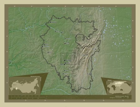 Téléchargez les photos : Bashkortostan, republic of Russia. Elevation map colored in wiki style with lakes and rivers. Locations and names of major cities of the region. Corner auxiliary location maps - en image libre de droit