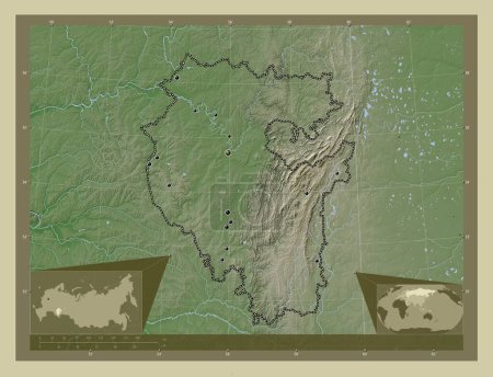 Photo for Bashkortostan, republic of Russia. Elevation map colored in wiki style with lakes and rivers. Locations of major cities of the region. Corner auxiliary location maps - Royalty Free Image