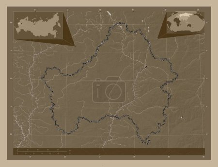 Téléchargez les photos : Bryansk, region of Russia. Elevation map colored in sepia tones with lakes and rivers. Corner auxiliary location maps - en image libre de droit