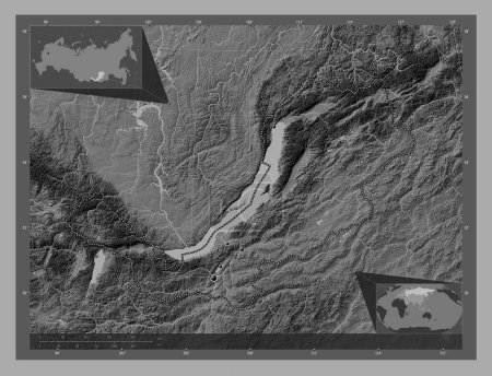 Foto de Buryat, republic of Russia. Bilevel elevation map with lakes and rivers. Locations of major cities of the region. Corner auxiliary location maps - Imagen libre de derechos