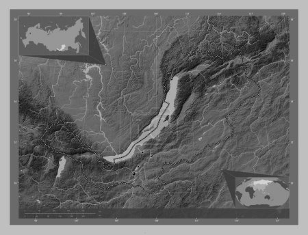 Foto de Buryat, republic of Russia. Grayscale elevation map with lakes and rivers. Locations of major cities of the region. Corner auxiliary location maps - Imagen libre de derechos