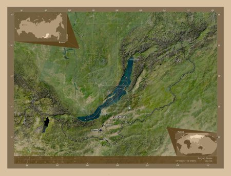 Foto de Buryat, republic of Russia. Low resolution satellite map. Locations and names of major cities of the region. Corner auxiliary location maps - Imagen libre de derechos