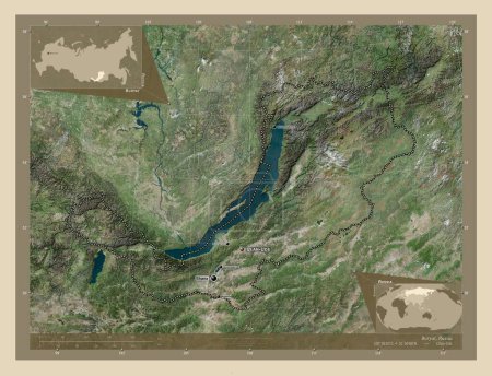 Foto de Buryat, republic of Russia. High resolution satellite map. Locations and names of major cities of the region. Corner auxiliary location maps - Imagen libre de derechos