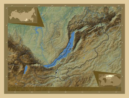 Foto de Buryat, republic of Russia. Colored elevation map with lakes and rivers. Locations of major cities of the region. Corner auxiliary location maps - Imagen libre de derechos