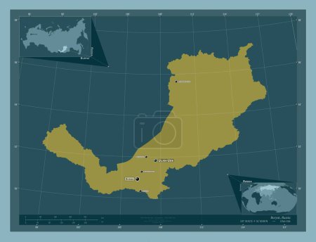 Téléchargez les photos : Buryat, republic of Russia. Solid color shape. Locations and names of major cities of the region. Corner auxiliary location maps - en image libre de droit