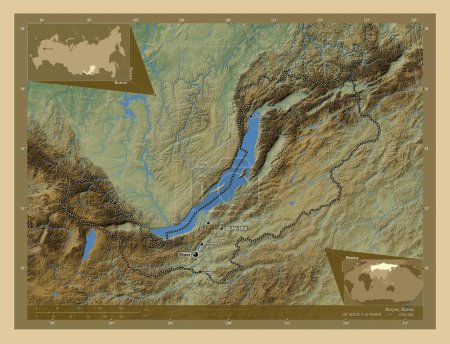 Foto de Buryat, republic of Russia. Colored elevation map with lakes and rivers. Locations and names of major cities of the region. Corner auxiliary location maps - Imagen libre de derechos
