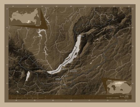 Foto de Buryat, republic of Russia. Elevation map colored in sepia tones with lakes and rivers. Locations and names of major cities of the region. Corner auxiliary location maps - Imagen libre de derechos