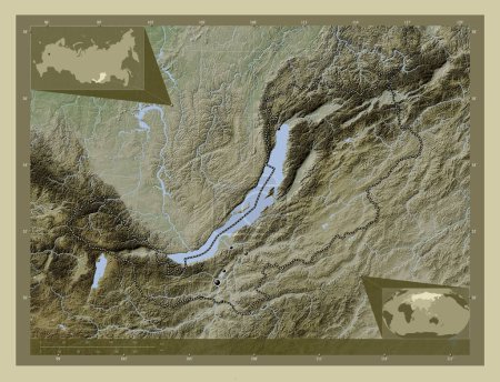 Foto de Buryat, republic of Russia. Elevation map colored in wiki style with lakes and rivers. Locations of major cities of the region. Corner auxiliary location maps - Imagen libre de derechos