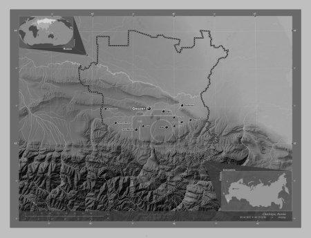 Photo for Chechnya, republic of Russia. Grayscale elevation map with lakes and rivers. Locations and names of major cities of the region. Corner auxiliary location maps - Royalty Free Image