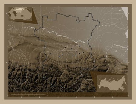 Photo for Chechnya, republic of Russia. Elevation map colored in sepia tones with lakes and rivers. Locations of major cities of the region. Corner auxiliary location maps - Royalty Free Image