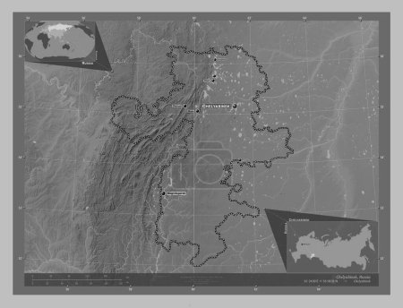 Téléchargez les photos : Chelyabinsk, region of Russia. Grayscale elevation map with lakes and rivers. Locations and names of major cities of the region. Corner auxiliary location maps - en image libre de droit