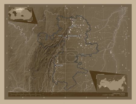 Photo for Chelyabinsk, region of Russia. Elevation map colored in sepia tones with lakes and rivers. Locations and names of major cities of the region. Corner auxiliary location maps - Royalty Free Image