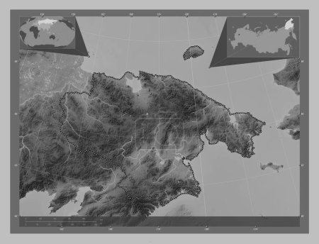 Téléchargez les photos : Chukot, autonomous province of Russia. Grayscale elevation map with lakes and rivers. Corner auxiliary location maps - en image libre de droit