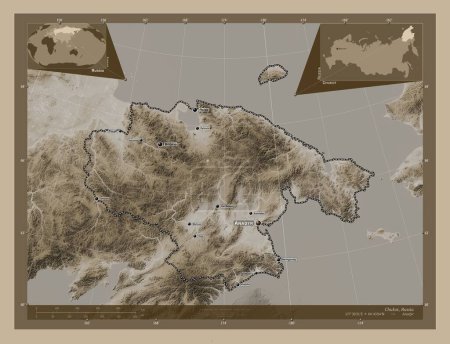 Téléchargez les photos : Chukot, autonomous province of Russia. Elevation map colored in sepia tones with lakes and rivers. Locations and names of major cities of the region. Corner auxiliary location maps - en image libre de droit