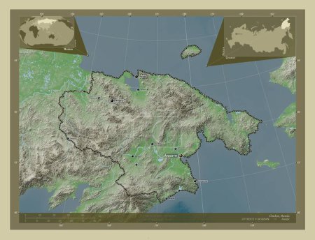 Photo for Chukot, autonomous province of Russia. Elevation map colored in wiki style with lakes and rivers. Locations and names of major cities of the region. Corner auxiliary location maps - Royalty Free Image