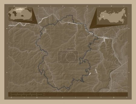 Foto de Chuvash, republic of Russia. Elevation map colored in sepia tones with lakes and rivers. Corner auxiliary location maps - Imagen libre de derechos