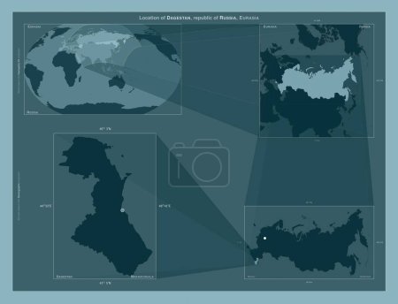 Photo for Dagestan, republic of Russia. Diagram showing the location of the region on larger-scale maps. Composition of vector frames and PNG shapes on a solid background - Royalty Free Image