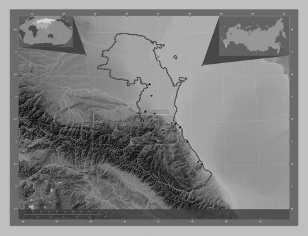 Photo for Dagestan, republic of Russia. Grayscale elevation map with lakes and rivers. Locations of major cities of the region. Corner auxiliary location maps - Royalty Free Image