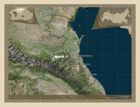Téléchargez les photos : Dagestan, republic of Russia. High resolution satellite map. Locations and names of major cities of the region. Corner auxiliary location maps - en image libre de droit