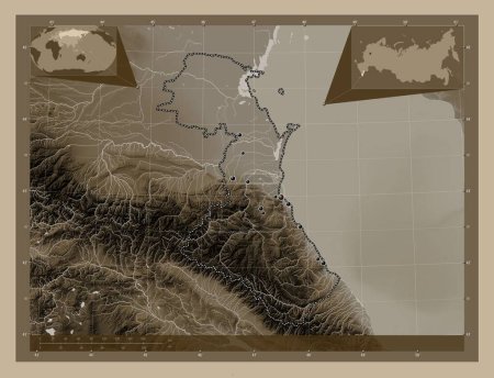 Photo for Dagestan, republic of Russia. Elevation map colored in sepia tones with lakes and rivers. Locations of major cities of the region. Corner auxiliary location maps - Royalty Free Image