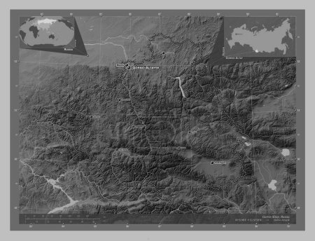 Photo for Gorno-Altay, republic of Russia. Grayscale elevation map with lakes and rivers. Locations and names of major cities of the region. Corner auxiliary location maps - Royalty Free Image
