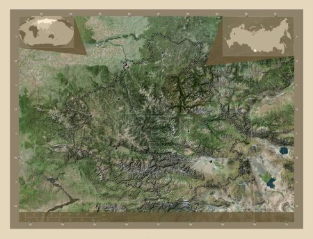 Photo for Gorno-Altay, republic of Russia. High resolution satellite map. Locations of major cities of the region. Corner auxiliary location maps - Royalty Free Image