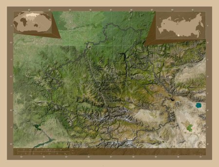 Foto de Gorno-Altay, republic of Russia. Low resolution satellite map. Corner auxiliary location maps - Imagen libre de derechos