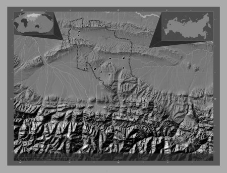 Téléchargez les photos : Ingush, republic of Russia. Bilevel elevation map with lakes and rivers. Locations of major cities of the region. Corner auxiliary location maps - en image libre de droit