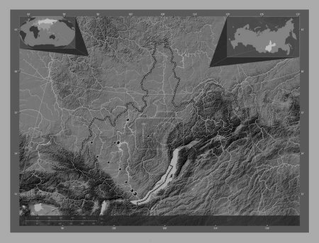 Foto de Irkutsk, region of Russia. Bilevel elevation map with lakes and rivers. Locations of major cities of the region. Corner auxiliary location maps - Imagen libre de derechos