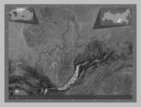 Photo for Irkutsk, region of Russia. Grayscale elevation map with lakes and rivers. Locations of major cities of the region. Corner auxiliary location maps - Royalty Free Image