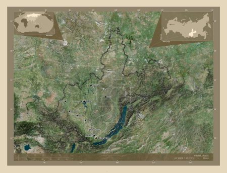 Foto de Irkutsk, region of Russia. High resolution satellite map. Locations and names of major cities of the region. Corner auxiliary location maps - Imagen libre de derechos