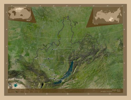 Foto de Irkutsk, region of Russia. Low resolution satellite map. Locations and names of major cities of the region. Corner auxiliary location maps - Imagen libre de derechos