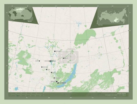 Foto de Irkutsk, region of Russia. Open Street Map. Locations and names of major cities of the region. Corner auxiliary location maps - Imagen libre de derechos