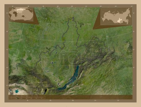 Foto de Irkutsk, region of Russia. Low resolution satellite map. Locations of major cities of the region. Corner auxiliary location maps - Imagen libre de derechos