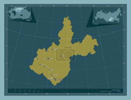 Foto de Irkutsk, region of Russia. Solid color shape. Locations and names of major cities of the region. Corner auxiliary location maps - Imagen libre de derechos