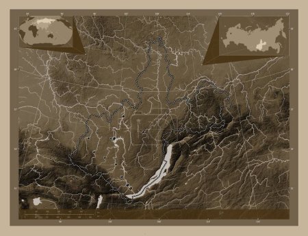 Photo for Irkutsk, region of Russia. Elevation map colored in sepia tones with lakes and rivers. Locations of major cities of the region. Corner auxiliary location maps - Royalty Free Image