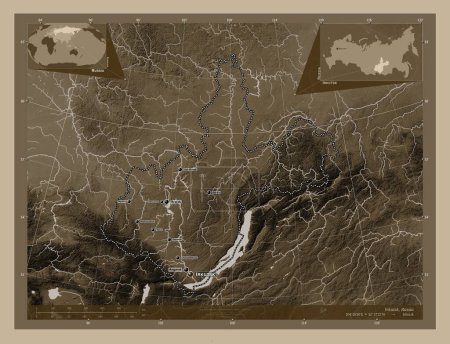 Foto de Irkutsk, region of Russia. Elevation map colored in sepia tones with lakes and rivers. Locations and names of major cities of the region. Corner auxiliary location maps - Imagen libre de derechos