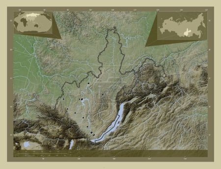 Photo for Irkutsk, region of Russia. Elevation map colored in wiki style with lakes and rivers. Locations of major cities of the region. Corner auxiliary location maps - Royalty Free Image